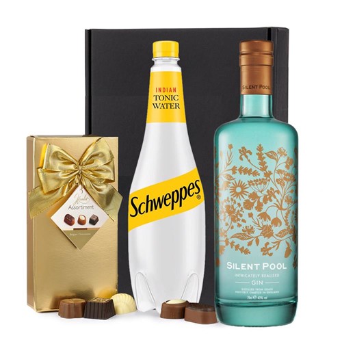 Silent Pool Gin 70cl with Schweppes Tonic & Chocolates Gift Box | Spirit Mixer Set